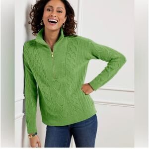 Talbots Cable Knit 1/4 Zip Pullover Collar Sweater Lightweight Green women's XL
